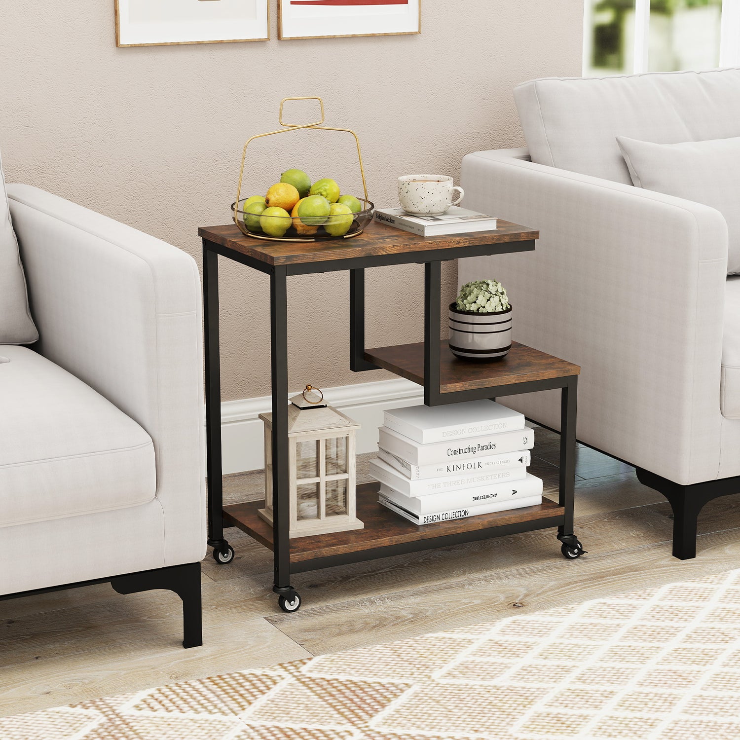 G-shaped Side Table 3-Tier Mobile End Table with Open Shelves-Rustic Brown