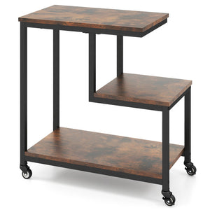 G-shaped Side Table 3-Tier Mobile End Table with Open Shelves-Rustic Brown