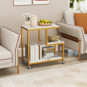 G-shaped Side Table 3-Tier Mobile End Table with Open Shelves-White