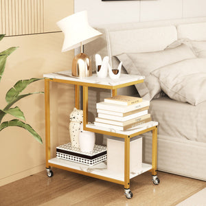 G-shaped Side Table 3-Tier Mobile End Table with Open Shelves-White