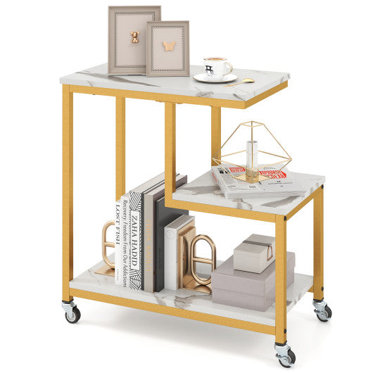 G-shaped Side Table 3-Tier Mobile End Table with Open Shelves-White