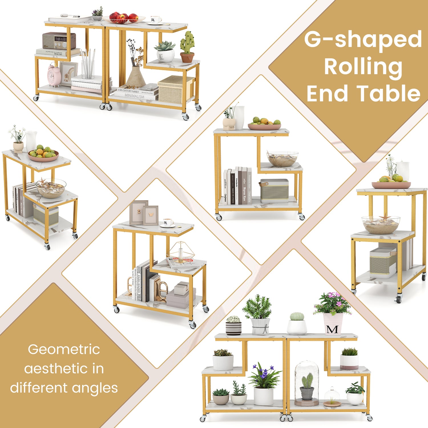 G-shaped Side Table 3-Tier Mobile End Table with Open Shelves-White