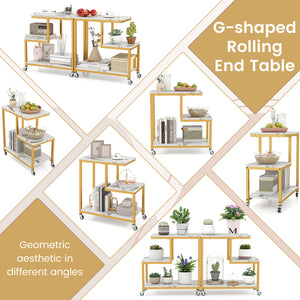 G-shaped Side Table 3-Tier Mobile End Table with Open Shelves-White