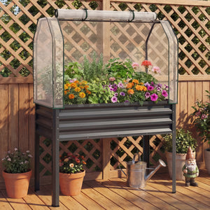 Galvanized Raised Garden Bed with Legs and Greenhouse Cover for Vegetable Flower-Gray