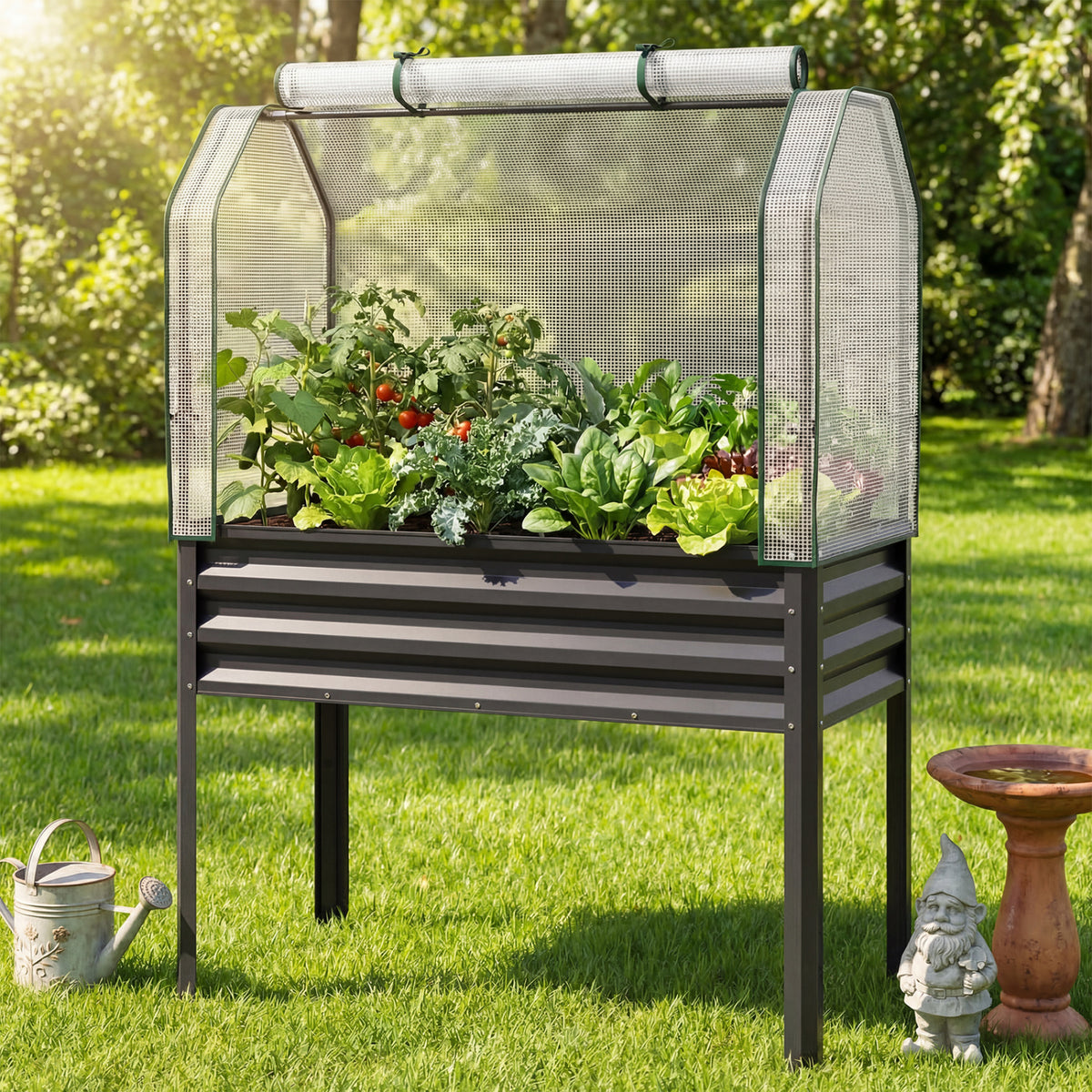 Galvanized Raised Garden Bed with Legs and Greenhouse Cover for Vegetable Flower-Gray