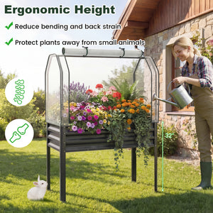 Galvanized Raised Garden Bed with Legs and Greenhouse Cover for Vegetable Flower-Gray