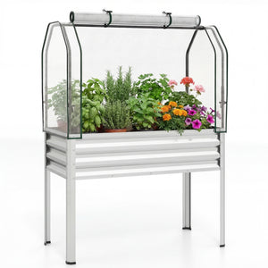 Galvanized Raised Garden Bed with Legs and Greenhouse Cover for Vegetable Flower-Silver
