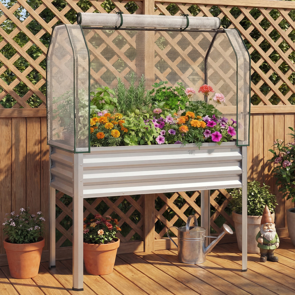 Galvanized Raised Garden Bed with Legs and Greenhouse Cover for Vegetable Flower-Silver