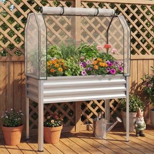 Galvanized Raised Garden Bed with Legs and Greenhouse Cover for Vegetable Flower-Silver
