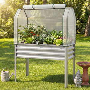 Galvanized Raised Garden Bed with Legs and Greenhouse Cover for Vegetable Flower-Silver