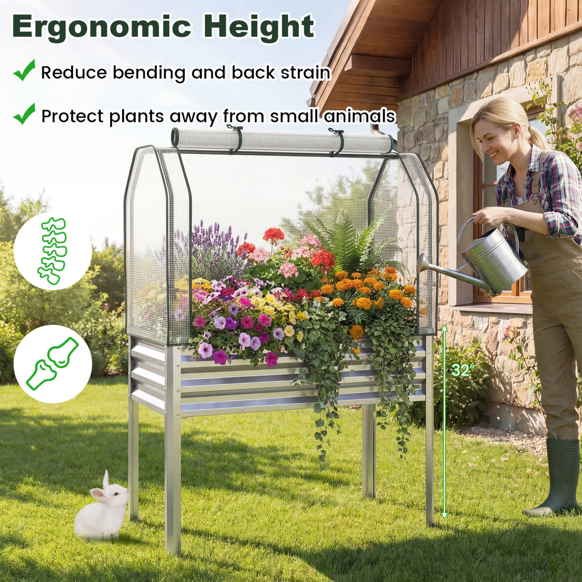Galvanized Raised Garden Bed with Legs and Greenhouse Cover for Vegetable Flower-Silver
