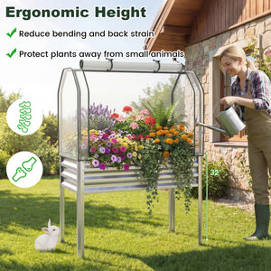 Galvanized Raised Garden Bed with Legs and Greenhouse Cover for Vegetable Flower-Silver