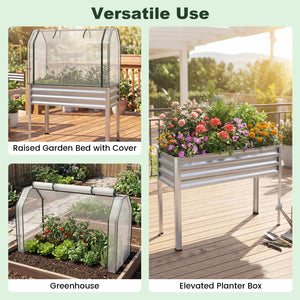 Galvanized Raised Garden Bed with Legs and Greenhouse Cover for Vegetable Flower-Silver