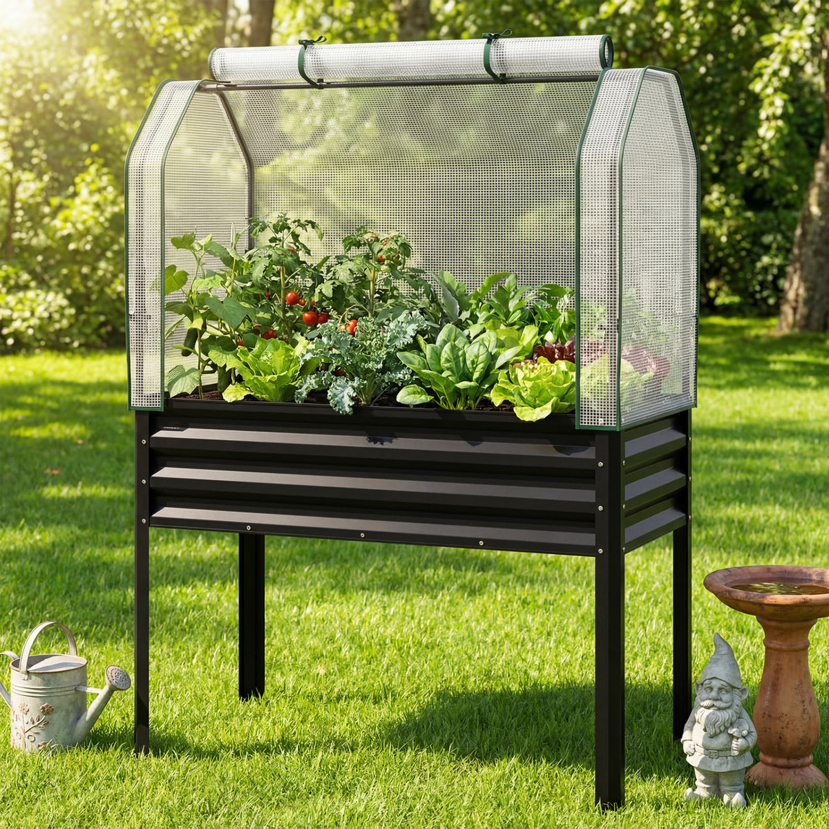 Galvanized Raised Garden Bed with Legs and Greenhouse Cover for Vegetable Flower-Black