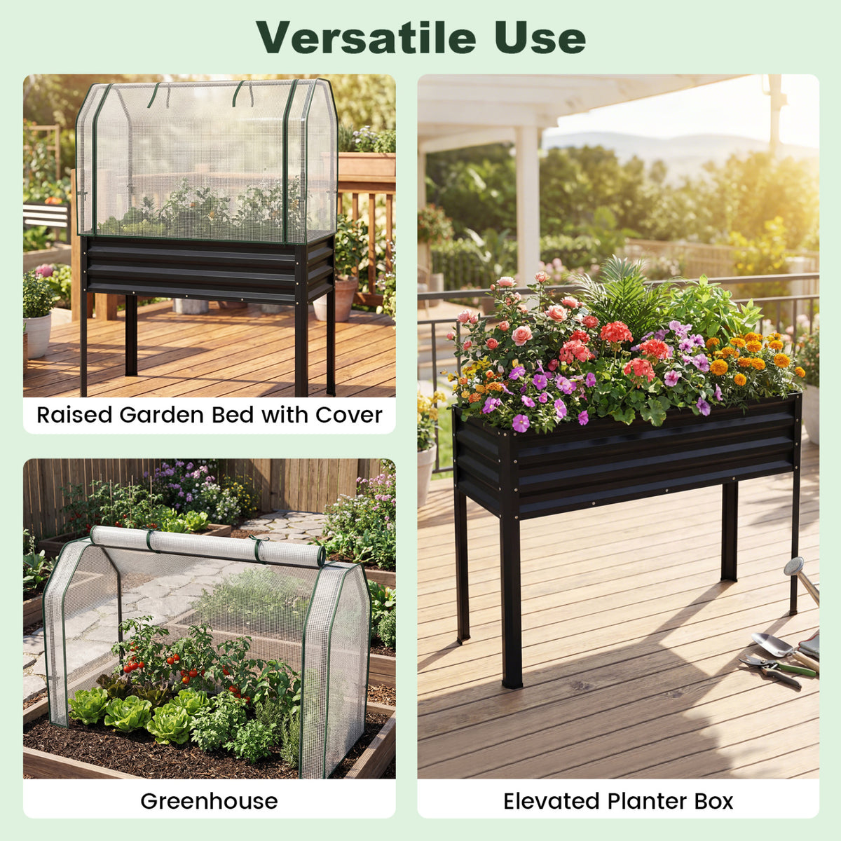 Galvanized Raised Garden Bed with Legs and Greenhouse Cover for Vegetable Flower-Black
