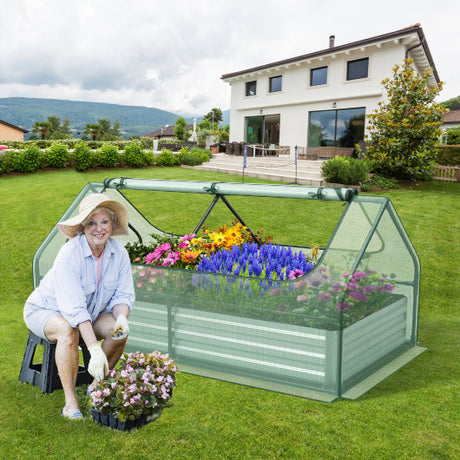 6 x 3 x 3 Feet Galvanized Raised Garden Bed with Greenhouse-Green