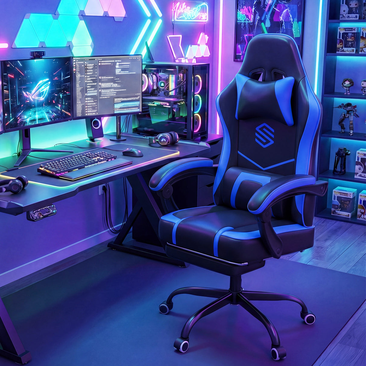 Gaming Chair Height Adjustable Computer Chair with Headrest Ergonomic Office Task Chair-Navy