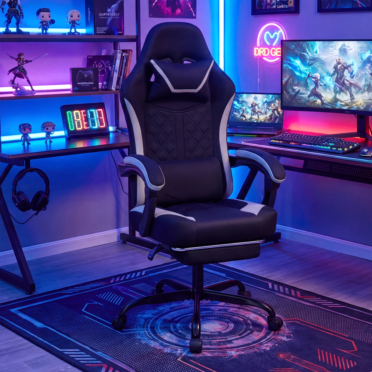 Gaming Chair Height Adjustable Computer Chair with Headrest Footrest & 360 ° Swivel Seat-Black