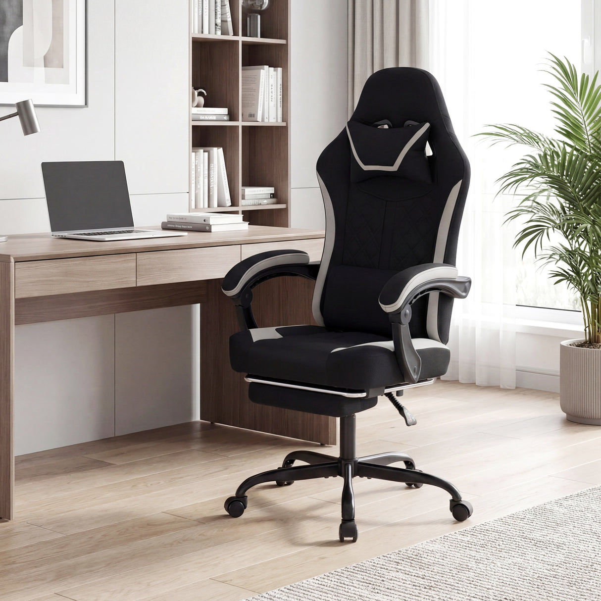 Gaming Chair Height Adjustable Computer Chair with Headrest Footrest & 360 ° Swivel Seat-Black