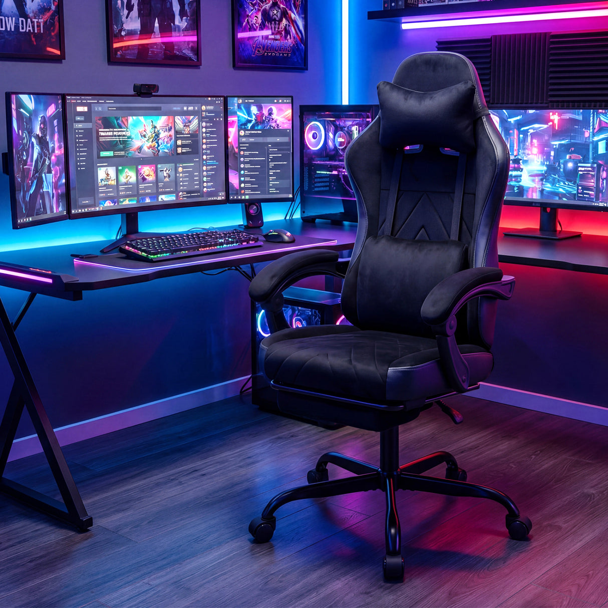 Gaming Chair Height Adjustable Computer Chair with Headrest Lumbar Support Linkage Armrests-Black