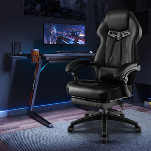 Gaming Chair Racing Style Swivel Chair with Footrest and Adjustable Lumbar Pillow-Black