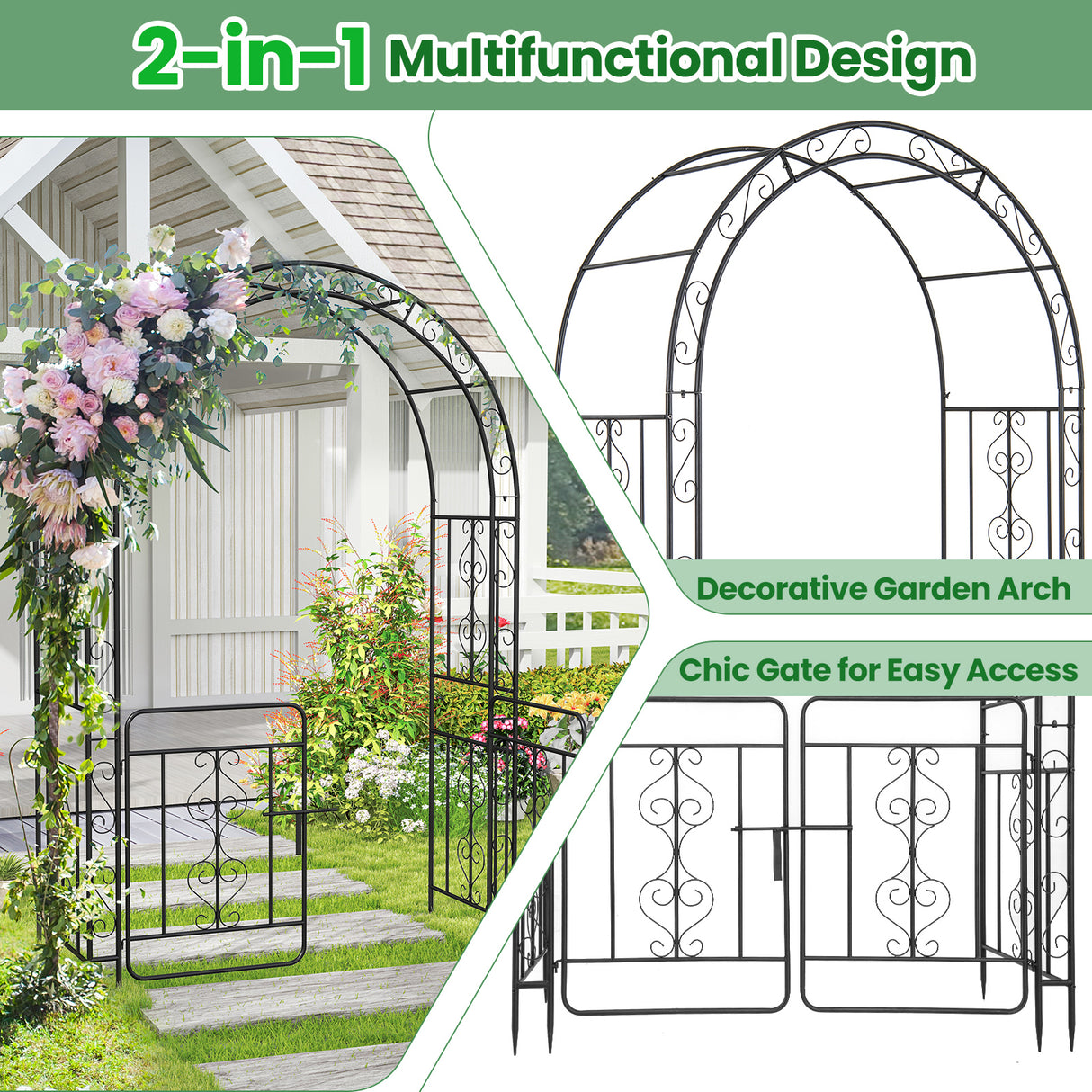 Garden Arbor with Gate with Multiple Side Crossbars and 4 Sharp Ground Stakes-Black