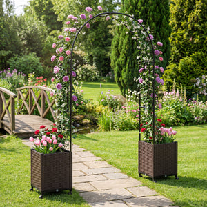 Garden Arch Trellis with 2 Self-watering Planter Boxes for Party Yard Lawn-Black