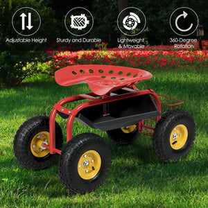Red/Green Garden Cart Rolling Work Seat With Heavy Duty Tool Tray Gardening Planting-Green