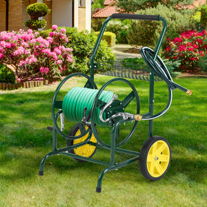 Garden Hose Reel Cart with 2 Wheels and Storage Basket-Green