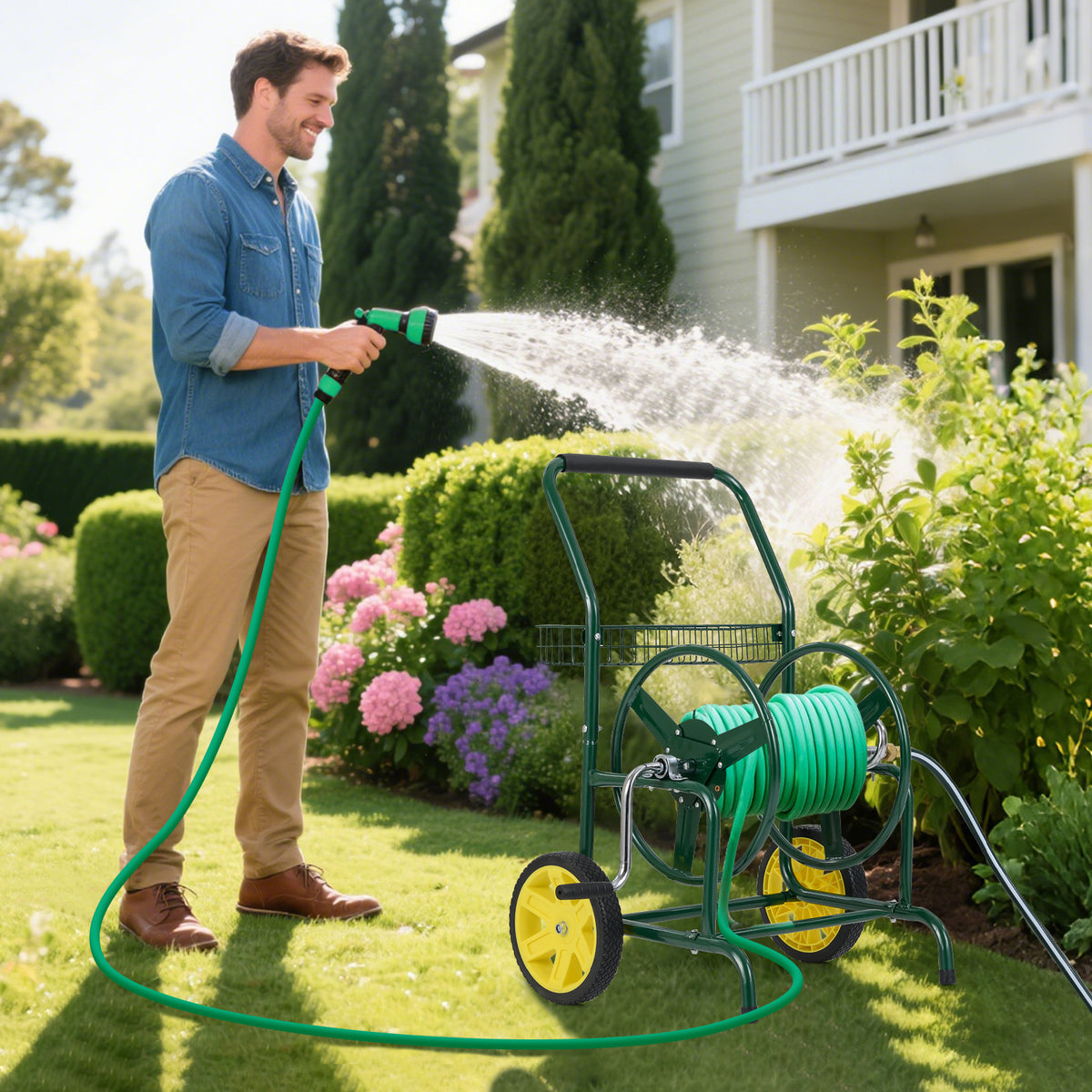 Garden Hose Reel Cart with 2 Wheels and Storage Basket-Green