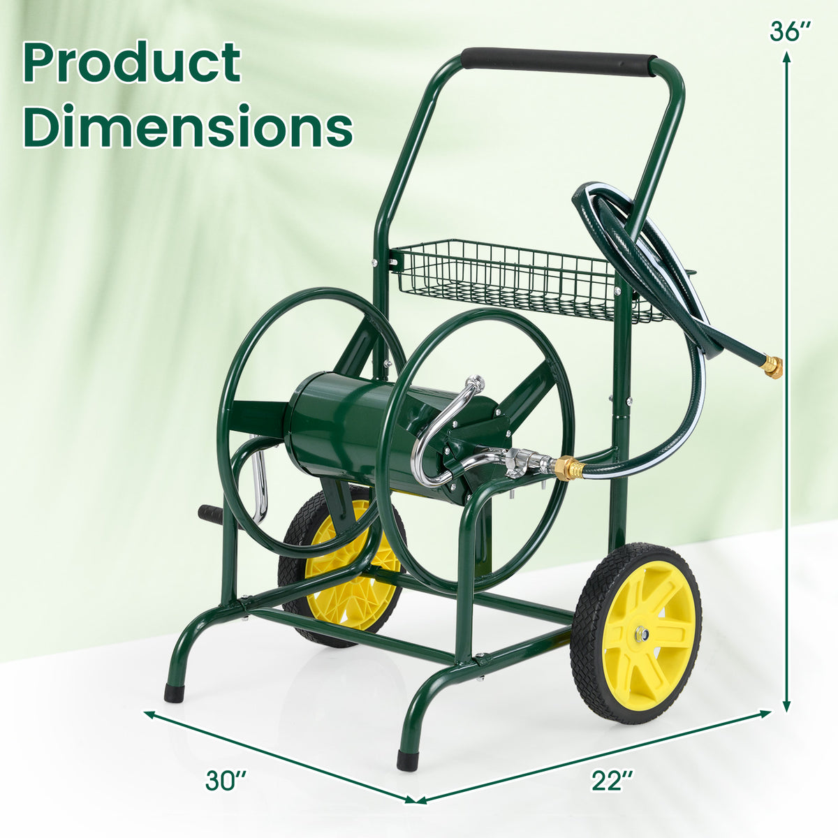 Garden Hose Reel Cart with 2 Wheels and Storage Basket-Green