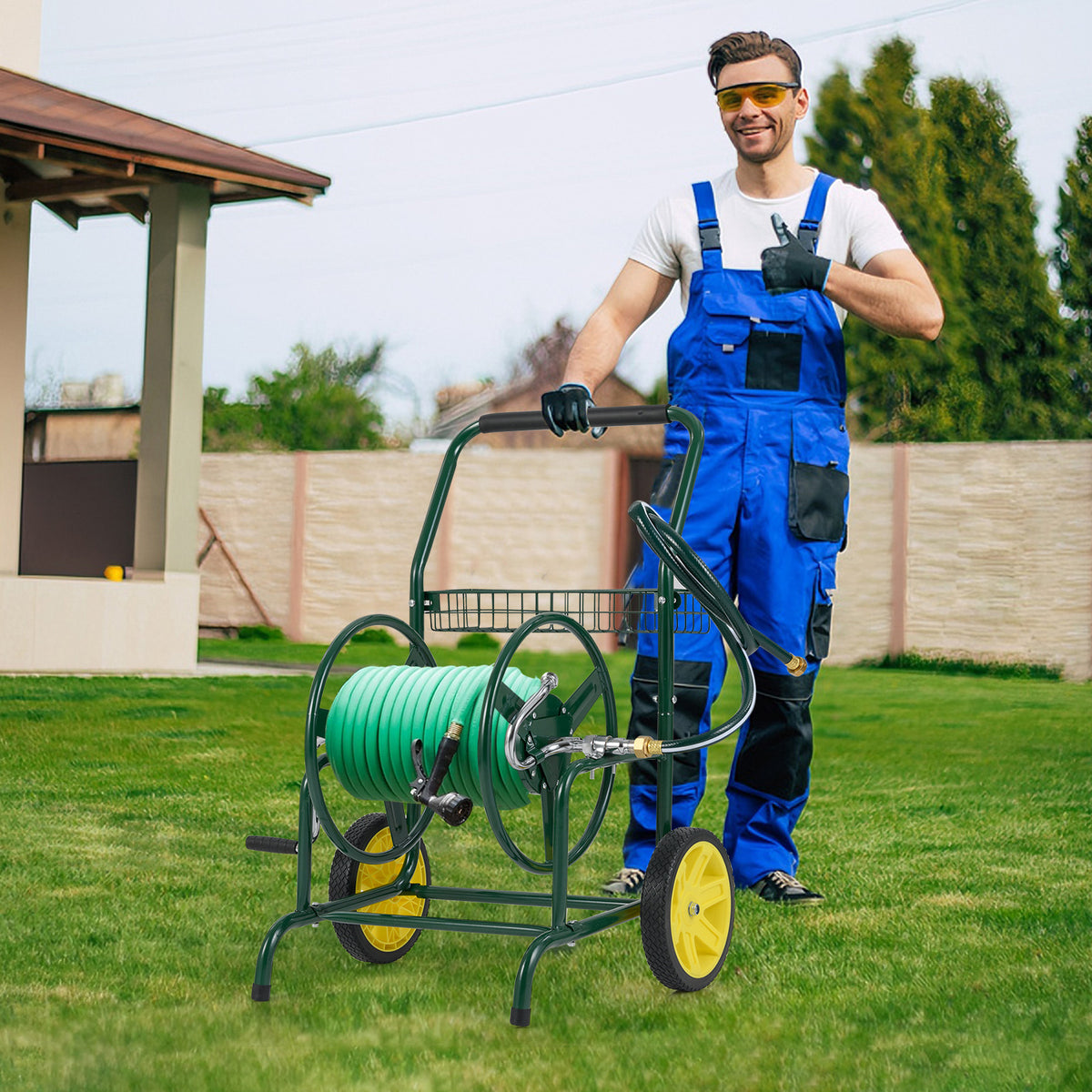 Garden Hose Reel Cart with 2 Wheels and Storage Basket-Green