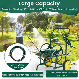 Garden Hose Reel Cart with 2 Wheels and Storage Basket-Green