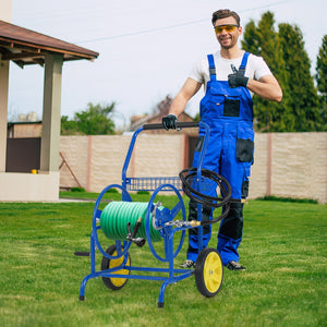 Garden Hose Reel Cart with 2 Wheels and Storage Basket-Blue