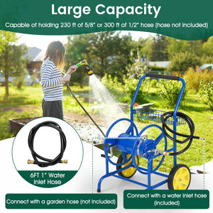 Garden Hose Reel Cart with 2 Wheels and Storage Basket-Blue
