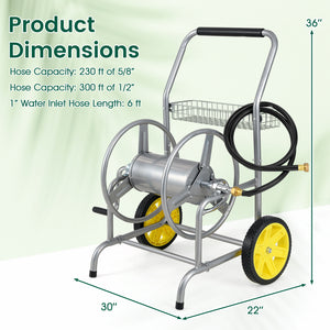 Garden Hose Reel Cart with 2 Wheels and Storage Basket-Silver