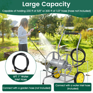 Garden Hose Reel Cart with 2 Wheels and Storage Basket-Silver