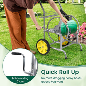 Garden Hose Reel Cart with 2 Wheels and Storage Basket-Silver