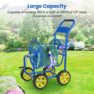 Garden Hose Reel Cart Metal Hose Cart with 4 Wheels and Storage Basket-Blue