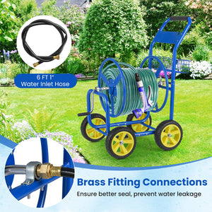 Garden Hose Reel Cart Metal Hose Cart with 4 Wheels and Storage Basket-Blue