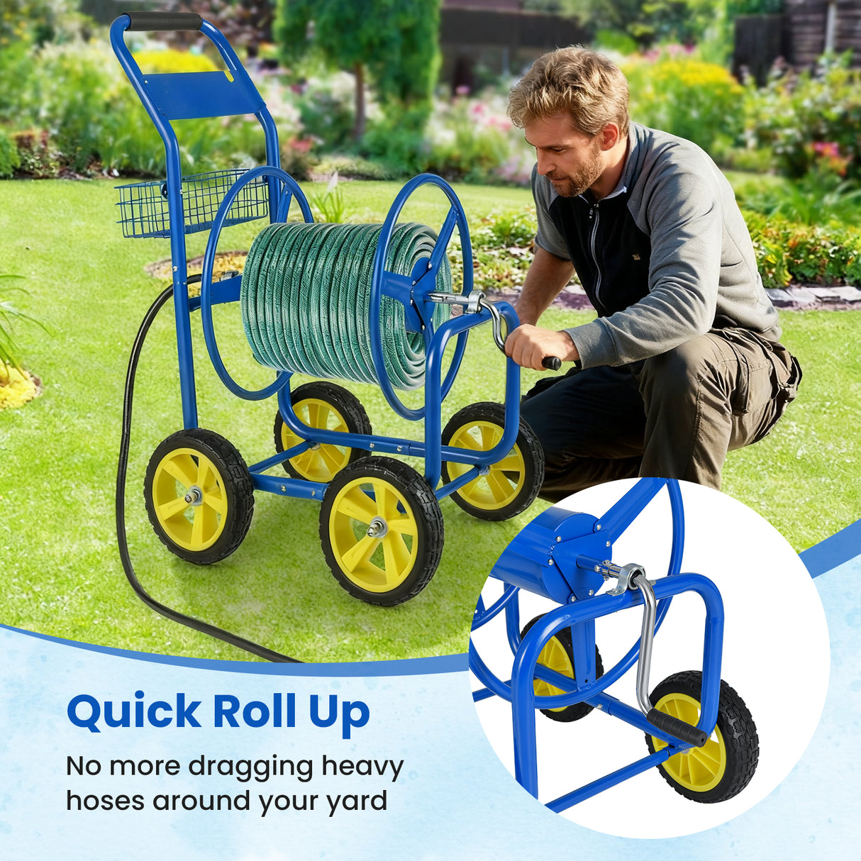 Garden Hose Reel Cart Metal Hose Cart with 4 Wheels and Storage Basket-Blue