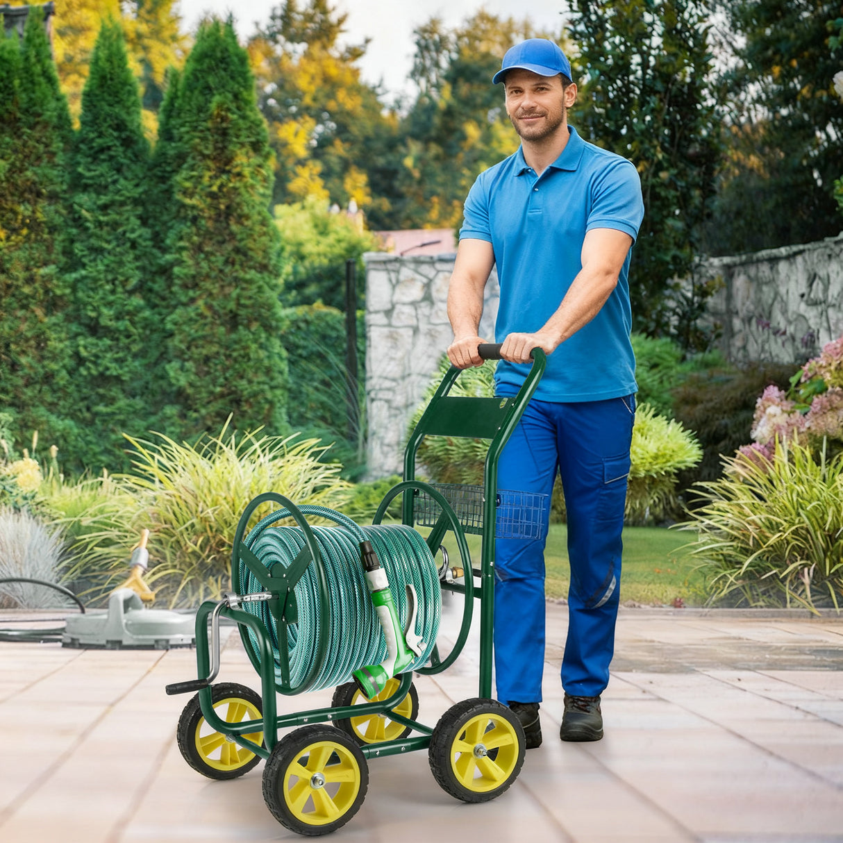 Garden Hose Reel Cart Metal Hose Cart with 4 Wheels and Storage Basket-Green
