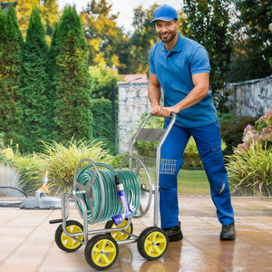 Garden Hose Reel Cart Metal Hose Cart with 4 Wheels and Storage Basket-Silver