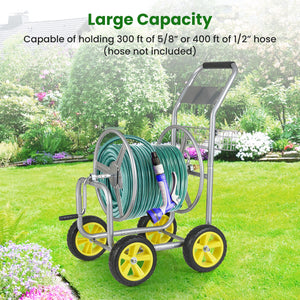 Garden Hose Reel Cart Metal Hose Cart with 4 Wheels and Storage Basket-Silver