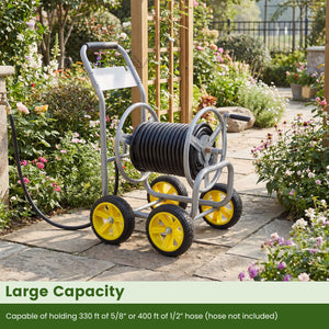 Garden Hose Reel Cart 4 Wheels Heavy-Duty Metal Water Hose Organizer Portable-Silver