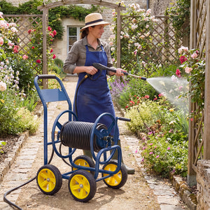 Garden Hose Reel Cart 4 Wheels Heavy-Duty Metal Water Hose Organizer Portable-Blue