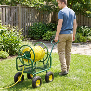 Garden Hose Reel Cart 300 Feet Large Capacity with 4 Wheels and Storage Basket-Green