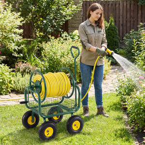 Garden Hose Reel Cart 300 Feet Large Capacity with 4 Wheels and Storage Basket-Green