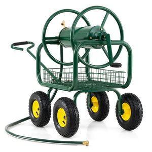 Garden Hose Reel Cart 300 Feet Large Capacity with 4 Wheels and Storage Basket-Green
