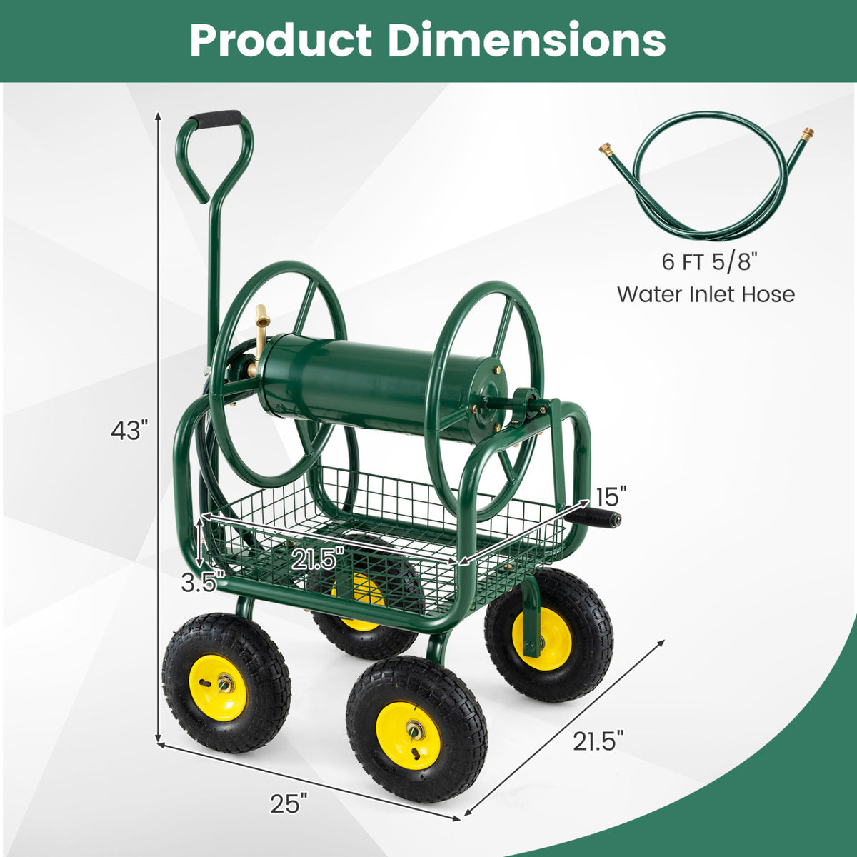 Garden Hose Reel Cart 300 Feet Large Capacity with 4 Wheels and Storage Basket-Green